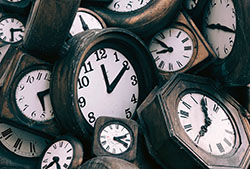 Picture of a large number of clocks lying in a pile.

