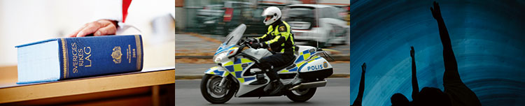 Bild som visar olika aspekter på statliga yrken, en lagbok, en polis som kör motorcykel och händer som sträcks upp i luften från en folksamling.